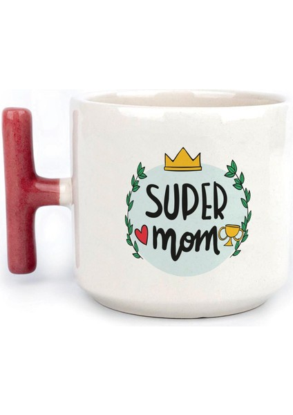 Super Mom Yazı Baskılı Kırmızı Kulplu T Kupa