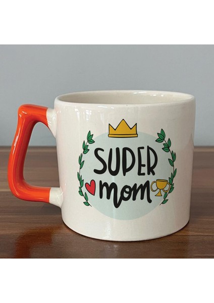 Super Mom Yazı Baskılı Turuncu Kulplu D Kupa