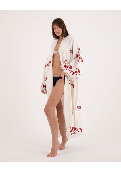 Kimono /Kaftan /Bornoz   Beyaz Kumaş Kalp Desenli