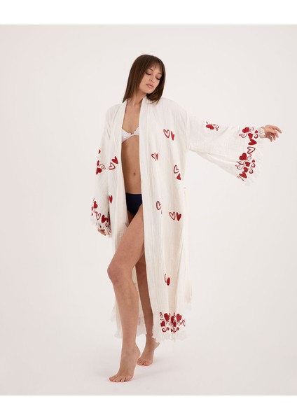 Kimono /Kaftan /Bornoz   Beyaz Kumaş Kalp Desenli