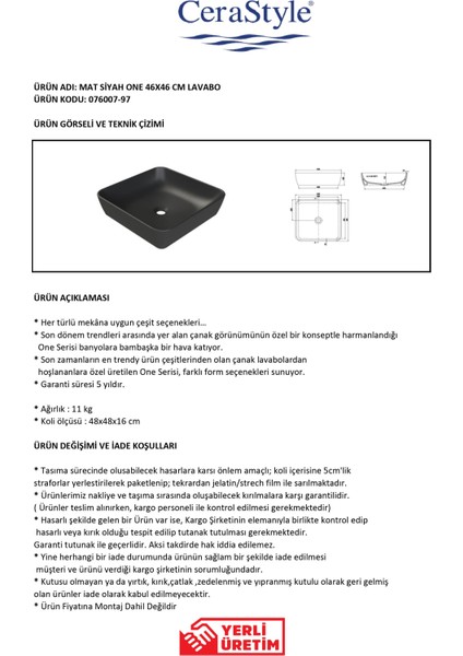 Mat Siyah One 46X46 cm Lavabo 076007-97