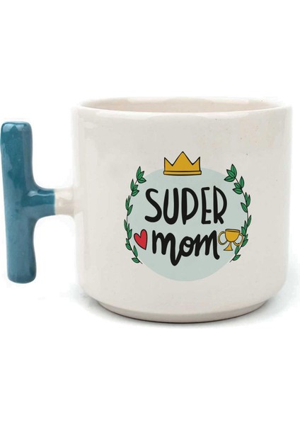 Super Mom Yazı Baskılı Mavi Kulplu T Kupa