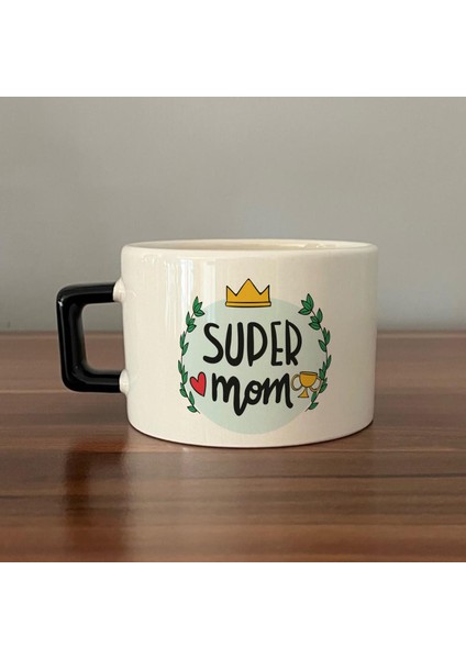 Super Mom Yazı Baskılı Siyah Kulplu C Fincan