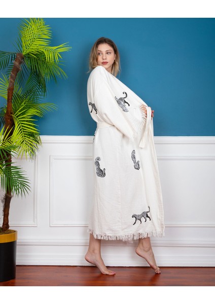 Kimono /Kaftan /Bornoz Ham Kumaş Siyah Leopar desenli