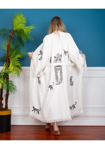 Kimono /Kaftan /Bornoz Ham Kumaş Siyah Leopar desenli