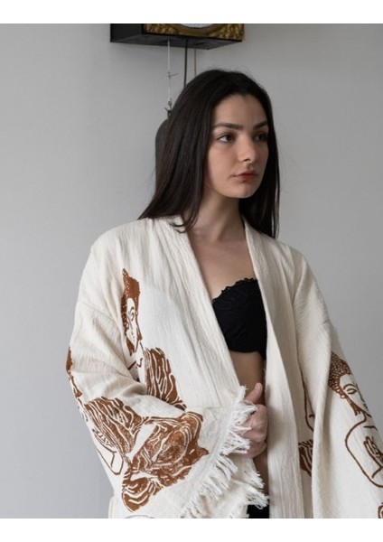 Kimono /Kaftan /Bornoz Kahverengi Buda Desenli