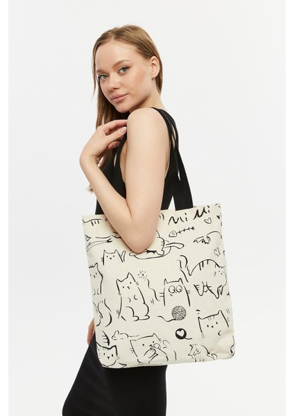 Kanvas Fermuarlı Mi Cat Çift Taraf Baskılı Çanta