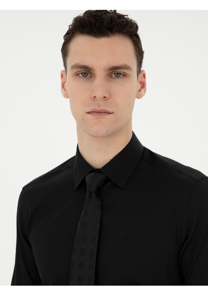 Erkek Siyah Slim Fit Uzun Kollu Basic Gömlek 50286102-VR046