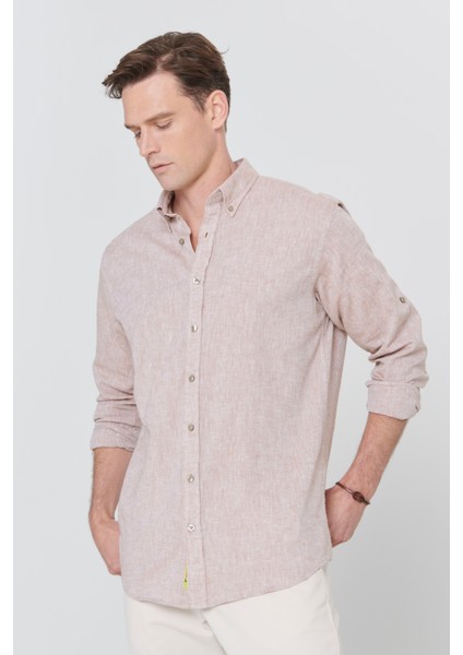 Erkek Camel Comfort Fit Rahat Kesim Düğmeli Yaka Casual Keten Gömlek