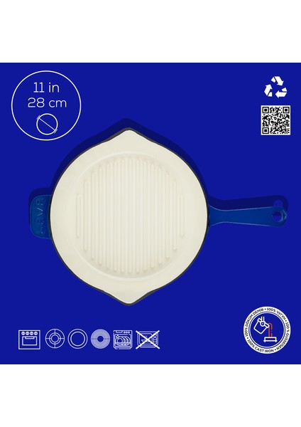 Döküm Yuvarlak Izgara Tava, Metal Saplı, Çap(Ø)28 Cm, Iç Krem, Mavi fırsatları