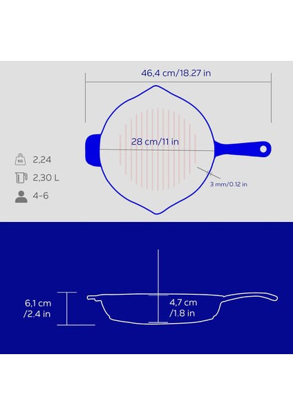 Döküm Yuvarlak Izgara Tava, Metal Saplı, Çap(Ø)28 Cm, Iç Krem, Mavi indirimleri