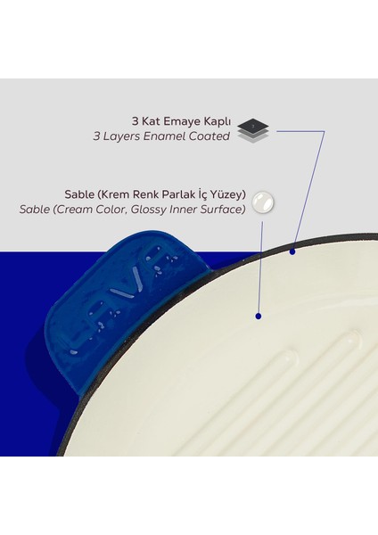 Döküm Yuvarlak Izgara Tava, Metal Saplı, Çap(Ø)28 Cm, Iç Krem, Mavi