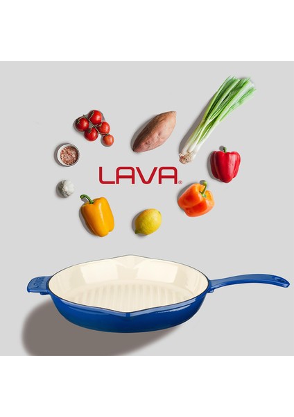 Döküm Yuvarlak Izgara Tava, Metal Saplı, Çap(Ø)28 Cm, Iç Krem, Mavi