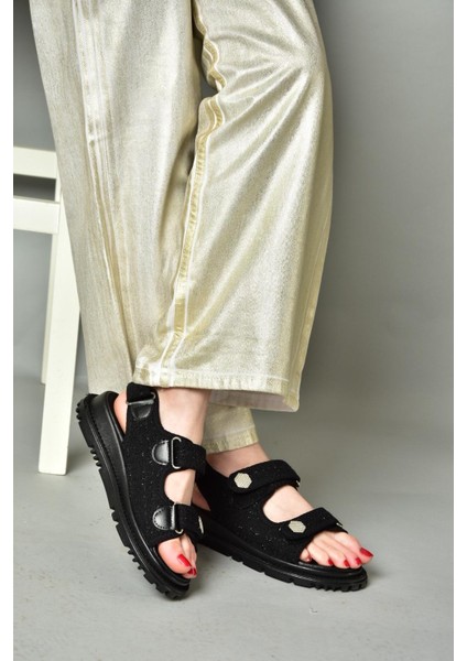 S267122004 Siyah Kumaş Kadın Sandalet