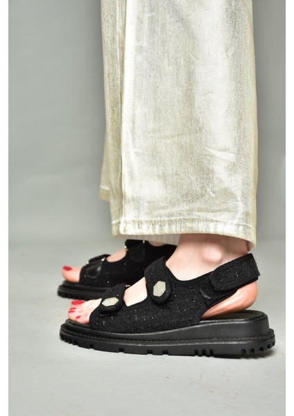 S267122004 Siyah Kumaş Kadın Sandalet modelleri