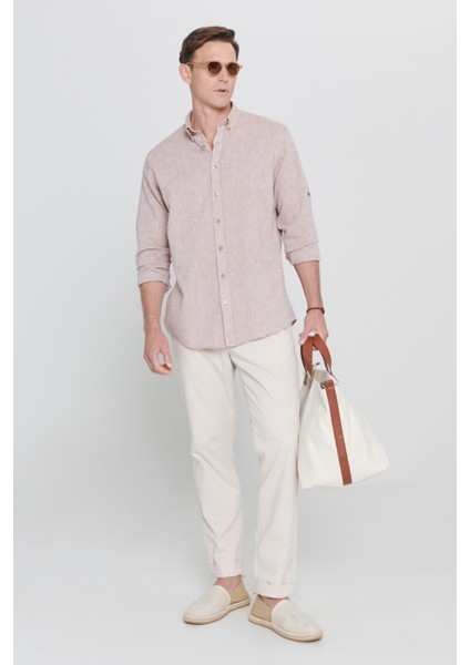 Erkek Camel Comfort Fit Rahat Kesim Düğmeli Yaka Casual Keten Gömlek