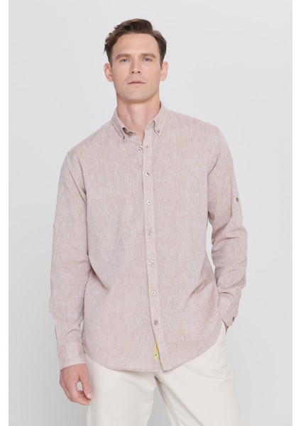 Erkek Camel Comfort Fit Rahat Kesim Düğmeli Yaka Casual Keten Gömlek