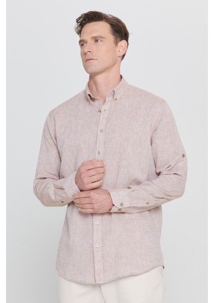 Erkek Camel Comfort Fit Rahat Kesim Düğmeli Yaka Casual Keten Gömlek