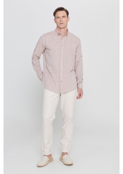 Erkek Camel Comfort Fit Rahat Kesim Düğmeli Yaka Casual Keten Gömlek