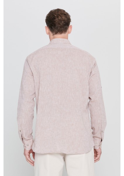 Erkek Camel Comfort Fit Rahat Kesim Düğmeli Yaka Casual Keten Gömlek