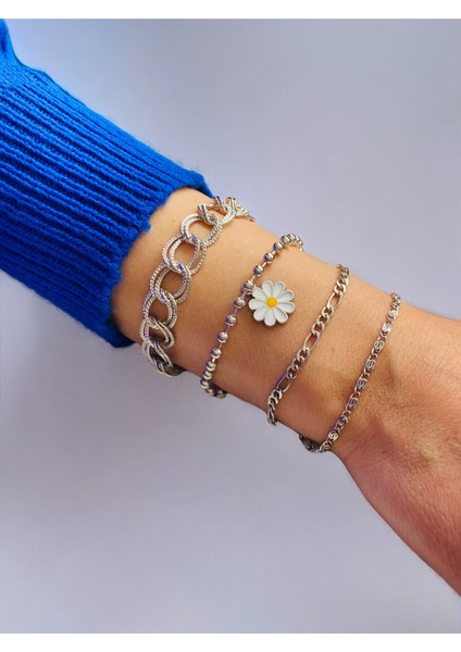 Gümüş Kaplama 4'lü Kombin Bileklik Seti Gümüş Renk Zincir Bilezik Künye