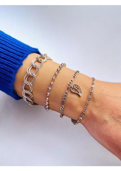 Gümüş Kaplama 4'lü Kombin Bileklik Seti Gümüş Renk Zincir Bilezik Künye