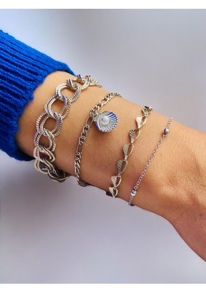 Gümüş Kaplama 4'lü Kombin Bileklik Seti Gümüş Renk Zincir Bilezik Künye