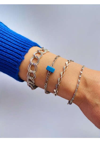 Gümüş Kaplama 4'lü Kombin Bileklik Seti Gümüş Renk Zincir Bilezik Künye