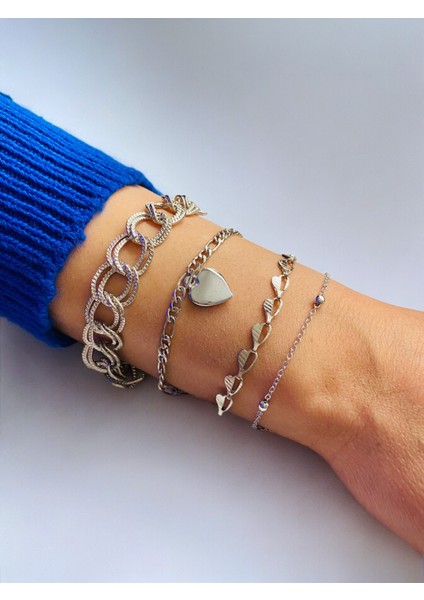 Gümüş Kaplama 4'lü Kombin Bileklik Seti Gümüş Renk Zincir Bilezik Künye