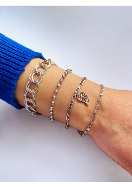 Gümüş Kaplama 4'lü Kombin Bileklik Seti Gümüş Renk Zincir Bilezik Künye