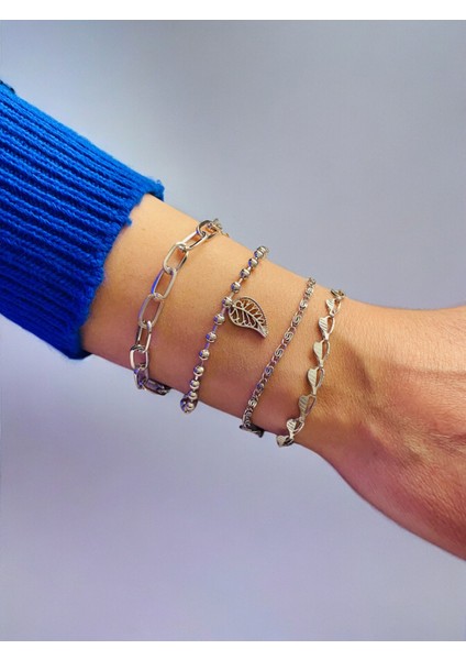 Gümüş Kaplama 4'lü Kombin Bileklik Seti Gümüş Renk Zincir Bilezik Künye