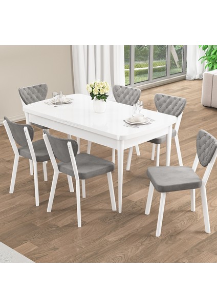 Rim Serisi 80X132 Açılabilir Beyaz Mutfak Masası Takımı 6 Sandalye