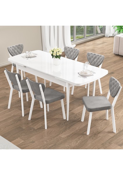 Rim Serisi 80X132 Açılabilir Beyaz Mutfak Masası Takımı 6 Sandalye