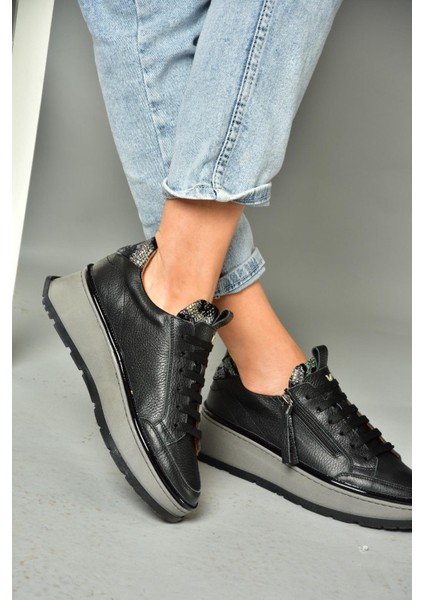 P555306603 Siyah Deri Spor Ayakkabı Sneakers