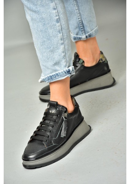 P555306603 Siyah Deri Spor Ayakkabı Sneakers