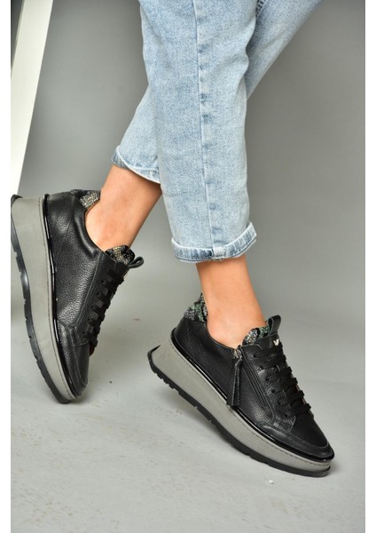 P555306603 Siyah Deri Spor Ayakkabı Sneakers