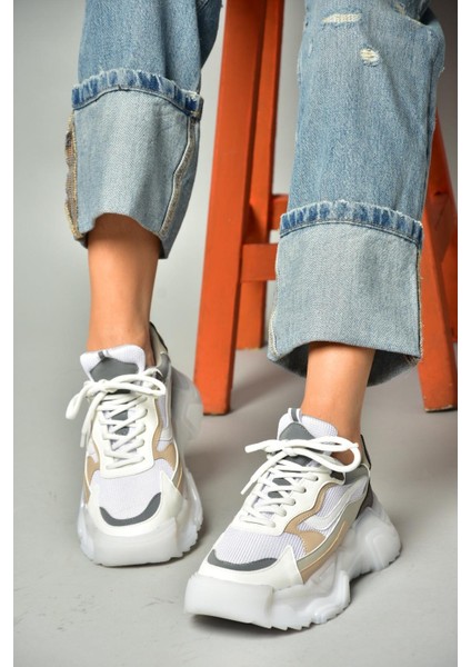 S312612404 Beyaz Kumaş Kalın Tabanlı Spor Ayakkabı Sneakers