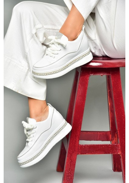 S602008704 Beyaz Kumaş Kalın Tabanlı Spor Ayakkabı Sneakers