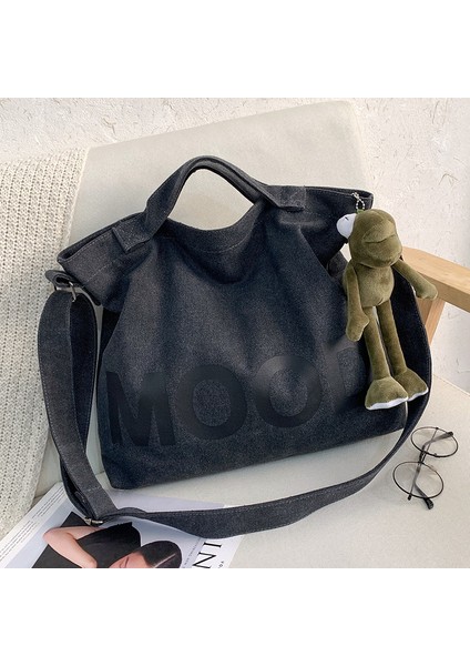 Mektup Düz Renk Baskılı Tuval Büyük Çanta Moda Erkek Kanvas Omuz Crossbody Çanta Büyük Kapasiteli Tote Çanta (Yurt Dışından)