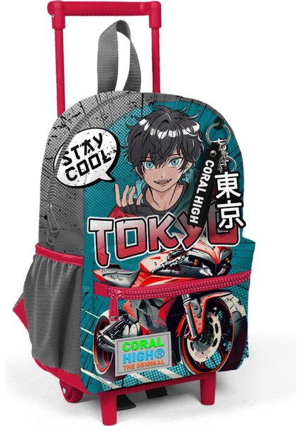 Minik Yuva Çekçekli Sırt Çantası Gri Nefti Anime Motorsiklet Desenli Iki Bölmeli 24064