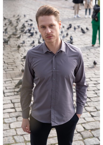 Taco Classic Düz Saten Uzun Kol Gömlek