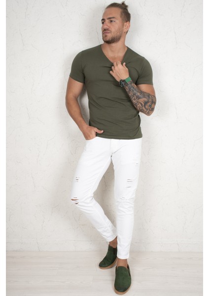 Haki V Yakalı Likralı Dar Kesim Erkek Tshirt 1801165 fiyatları