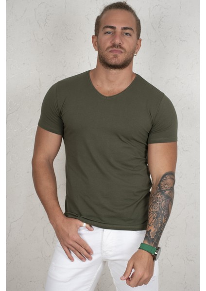 Haki V Yakalı Likralı Dar Kesim Erkek Tshirt 1801165 modelleri