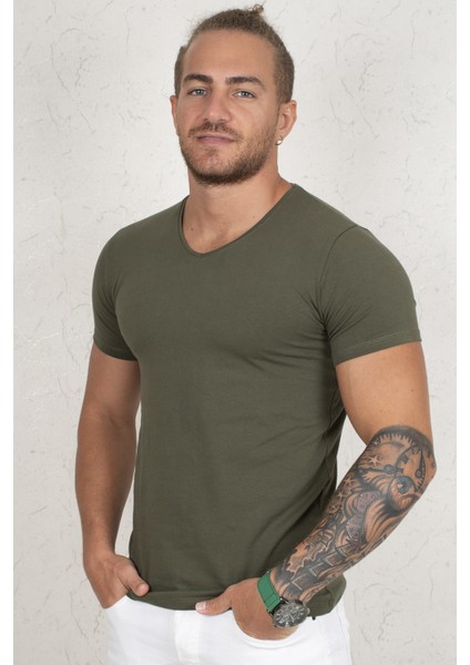 Haki V Yakalı Likralı Dar Kesim Erkek Tshirt 1801165 indirimleri