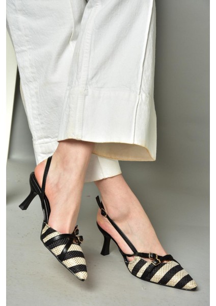 S518533305 Siyah Keten Alçak Topuklu Ayakkabı Kadın Ayakkabı