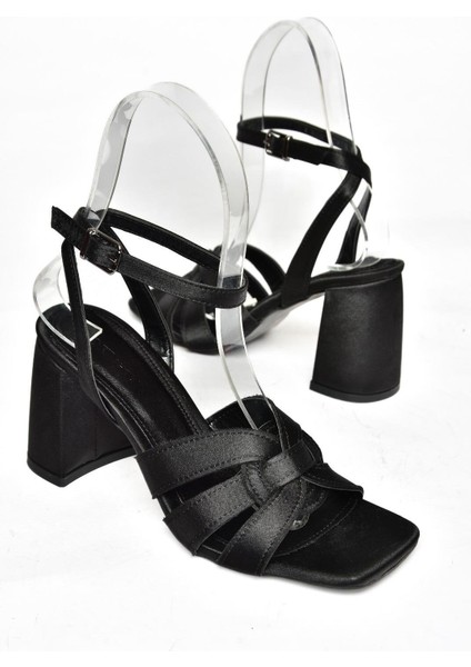 S774520304 Siyah Saten Kumaş Kalın Topuklu Ayakkabı Kadın Ayakkabı indirimleri