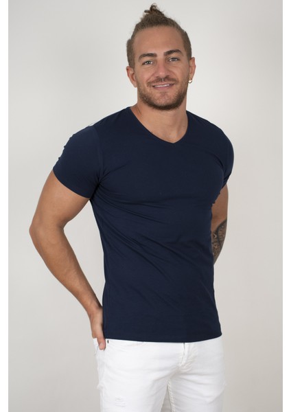 Lacivert V Yakalı Likralı Dar Kesim Erkek Tshirt 1801165 modelleri