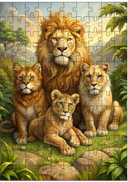 Ahşap Mdf Puzzle Yapboz Sevimli Aslan Ailesi 120 Parça 25*35 cm