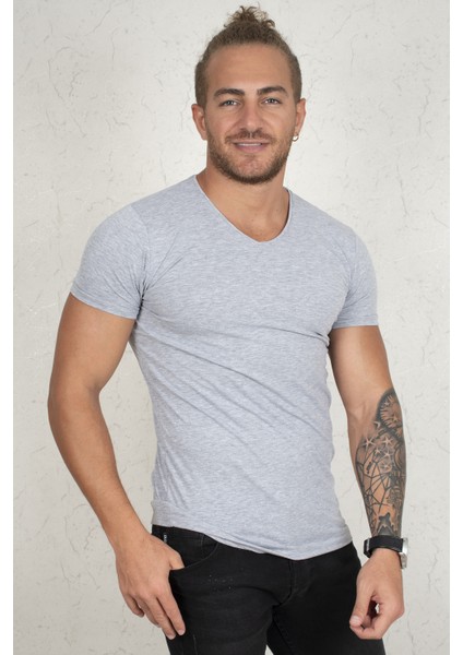 Gri V Yakalı Likralı Dar Kesim Erkek Tshirt 1801165