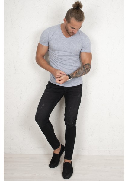 Gri V Yakalı Likralı Dar Kesim Erkek Tshirt 1801165 fiyatları